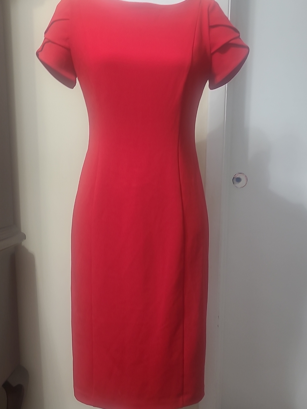 Chaps Red Midi Dress with Pleated Cap Sleeves